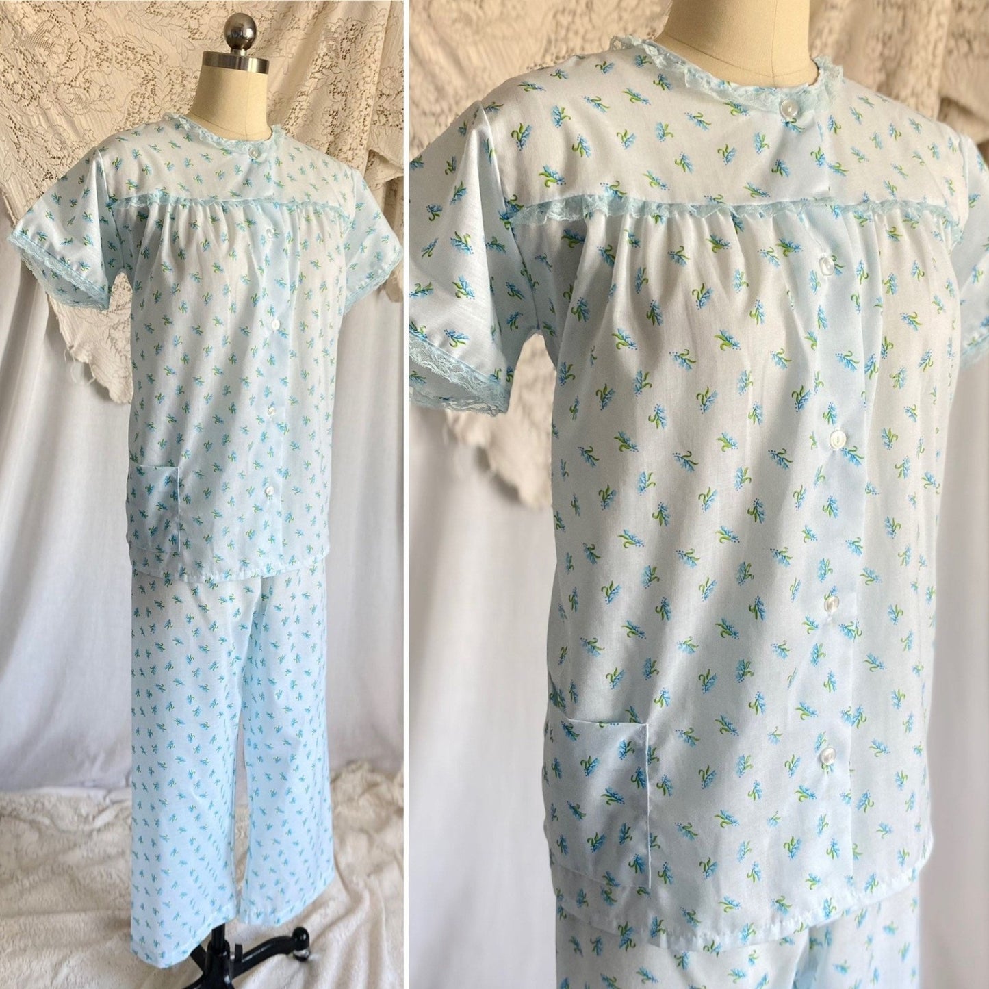 Vintage 1960's Pajama Set | Unworn Light Sky Blue Cotton with Floral Print | Size S - Daggers & Dames