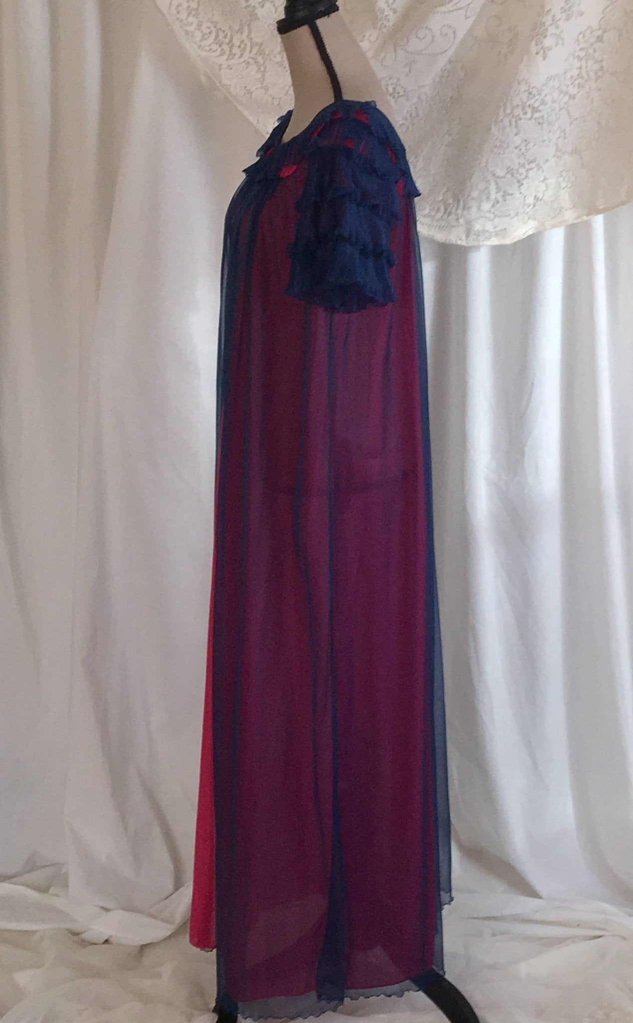 Vintage 1960's Peignoir Robe | Blue Chiffon & Pink Nylon | Pleated Ruffles | Chevette | Size M - Daggers & Dames