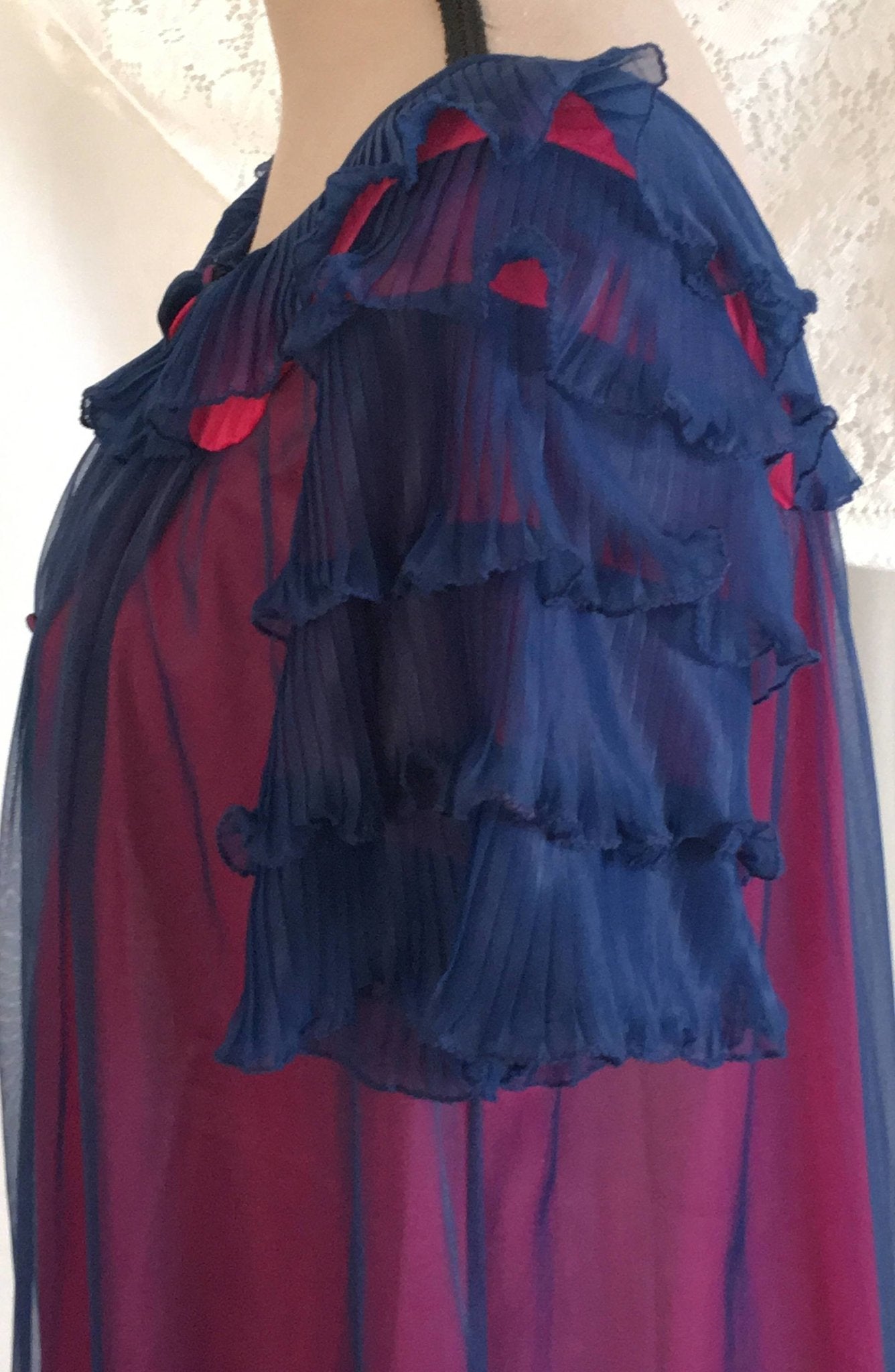Vintage 1960's Peignoir Robe | Blue Chiffon & Pink Nylon | Pleated Ruffles | Chevette | Size M - Daggers & Dames