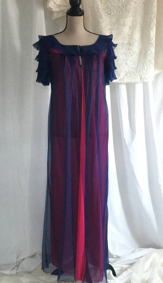 Vintage 1960's Peignoir Robe | Blue Chiffon & Pink Nylon | Pleated Ruffles | Chevette | Size M - Daggers & Dames