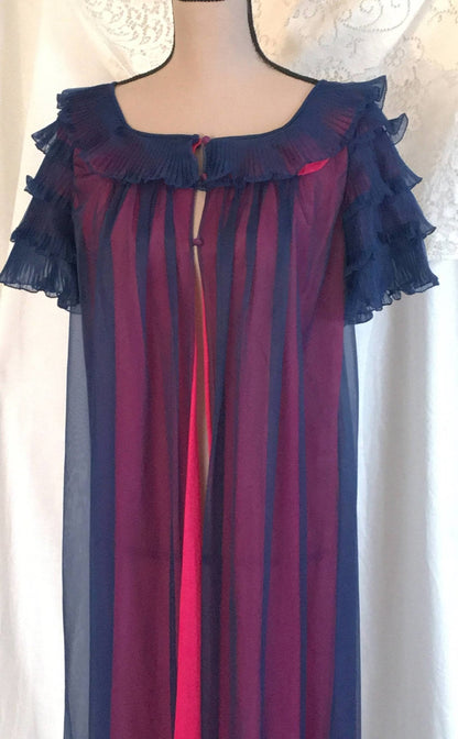 Vintage 1960's Peignoir Robe | Blue Chiffon & Pink Nylon | Pleated Ruffles | Chevette | Size M - Daggers & Dames