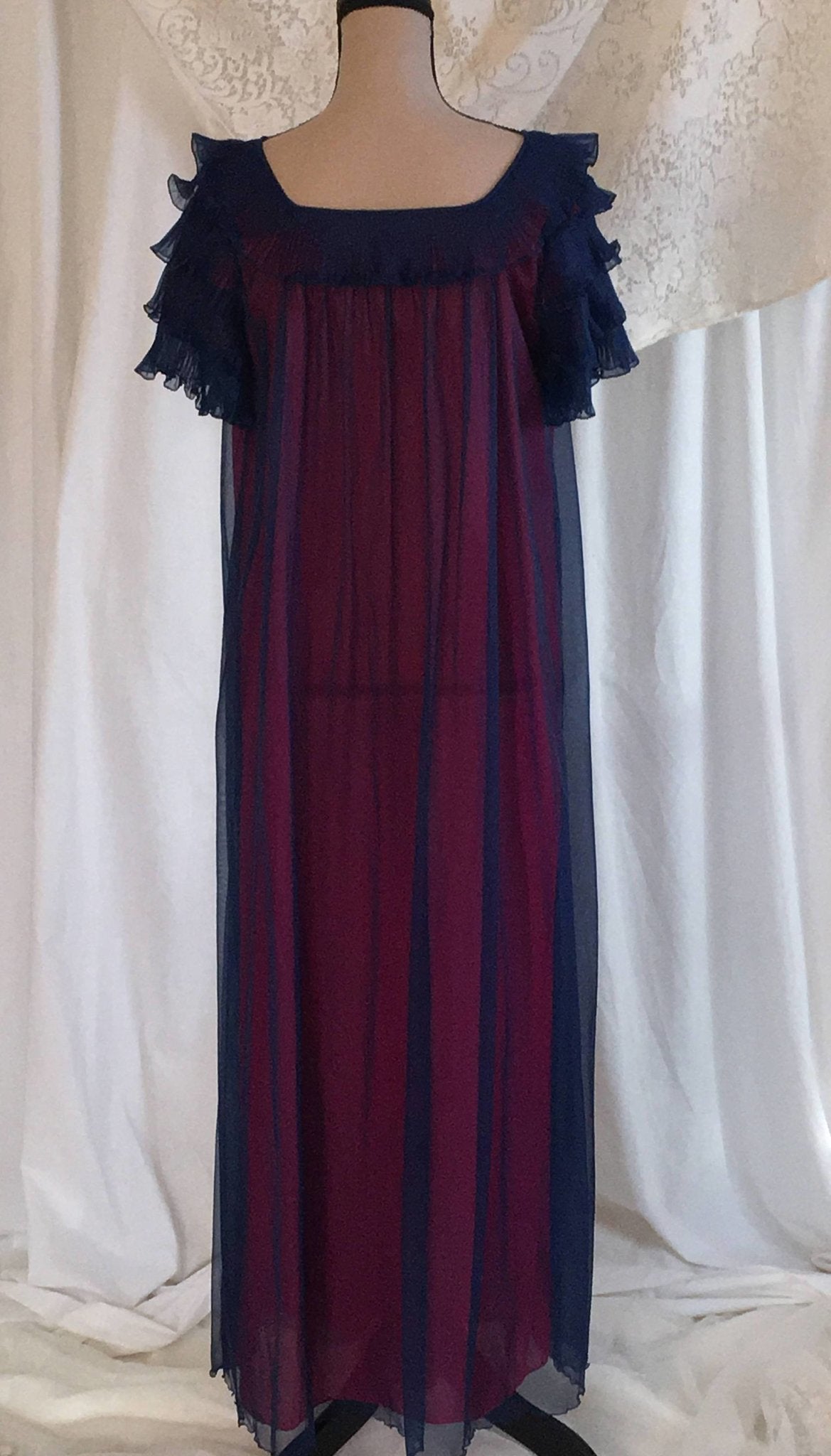 Vintage 1960's Peignoir Robe | Blue Chiffon & Pink Nylon | Pleated Ruffles | Chevette | Size M - Daggers & Dames