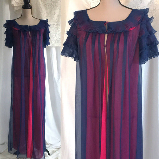 Vintage 1960's Peignoir Robe | Blue Chiffon & Pink Nylon | Pleated Ruffles | Chevette | Size M - Daggers & Dames