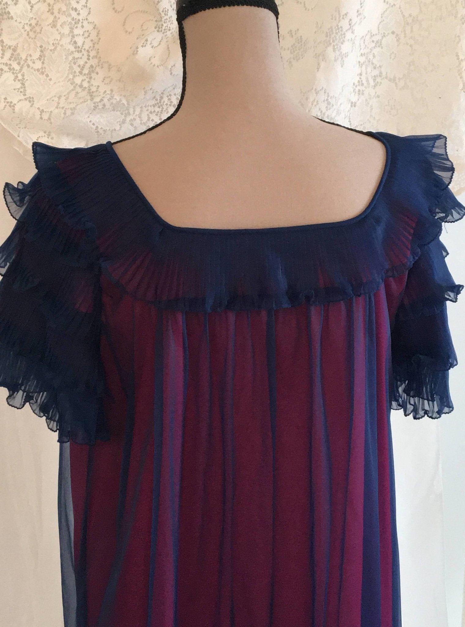 Vintage 1960's Peignoir Robe | Blue Chiffon & Pink Nylon | Pleated Ruffles | Chevette | Size M - Daggers & Dames