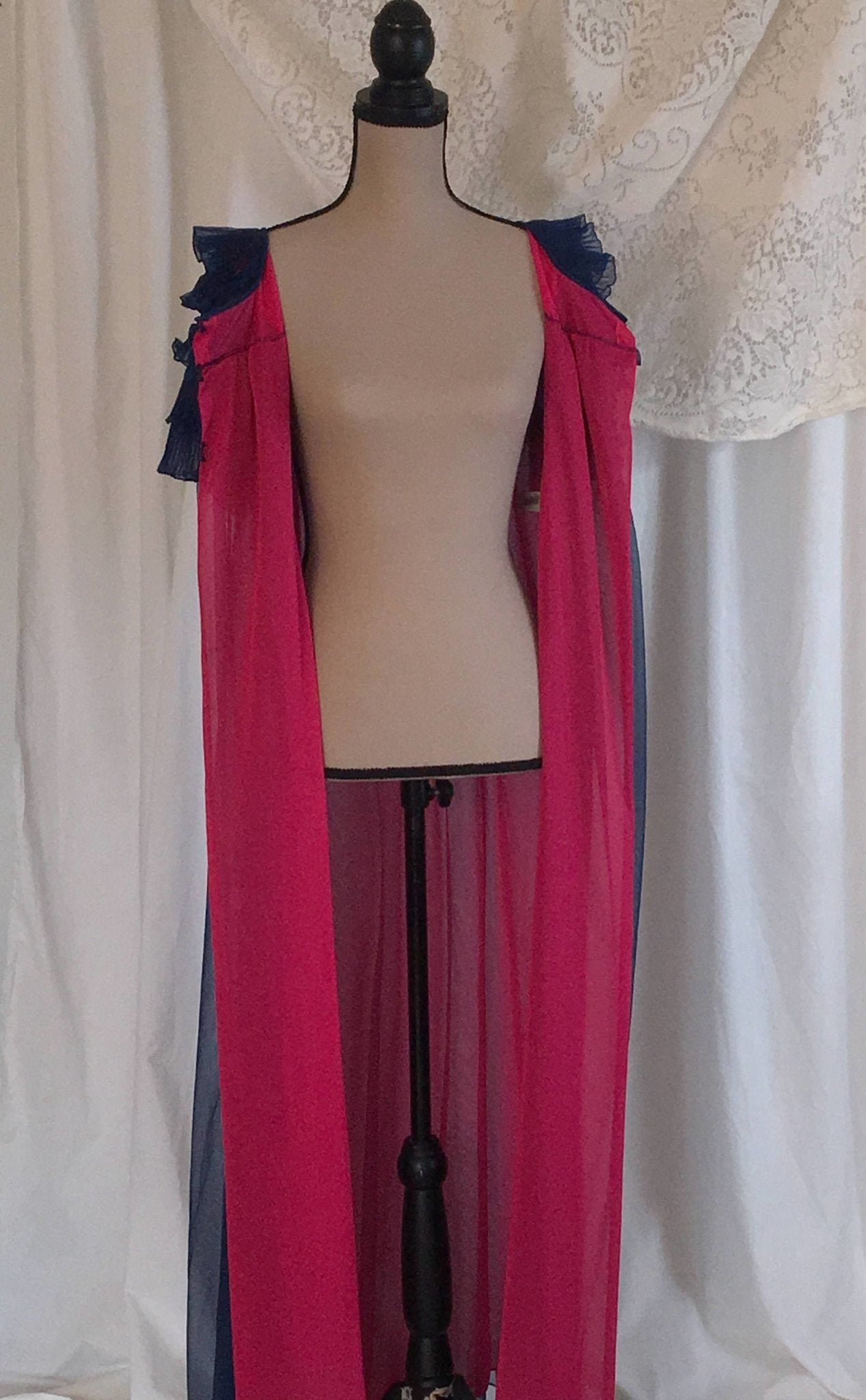 Vintage 1960's Peignoir Robe | Blue Chiffon & Pink Nylon | Pleated Ruffles | Chevette | Size M - Daggers & Dames