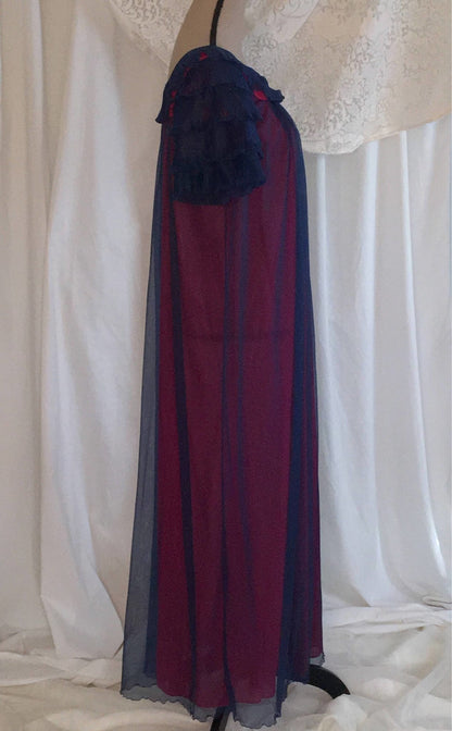 Vintage 1960's Peignoir Robe | Blue Chiffon & Pink Nylon | Pleated Ruffles | Chevette | Size M - Daggers & Dames