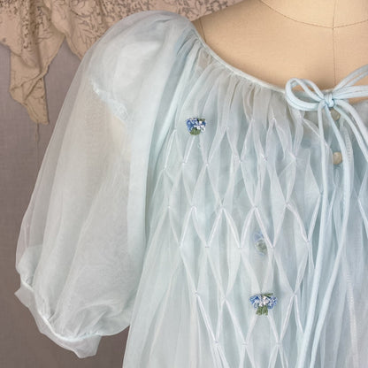 Vintage 1960's Peignoir Set | Baby Sky Blue Nylon Chiffon with Honeycomb Smocking & Rosettes | Size M/LG | Charmode - Daggers & Dames