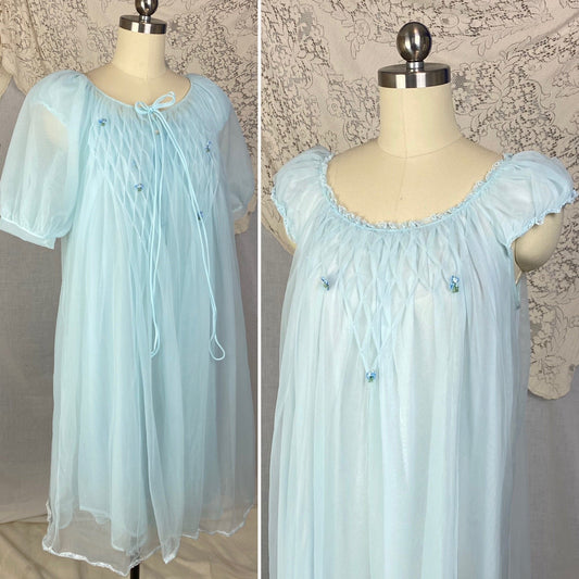 Vintage 1960's Peignoir Set | Baby Sky Blue Nylon Chiffon with Honeycomb Smocking & Rosettes | Size M/LG | Charmode - Daggers & Dames