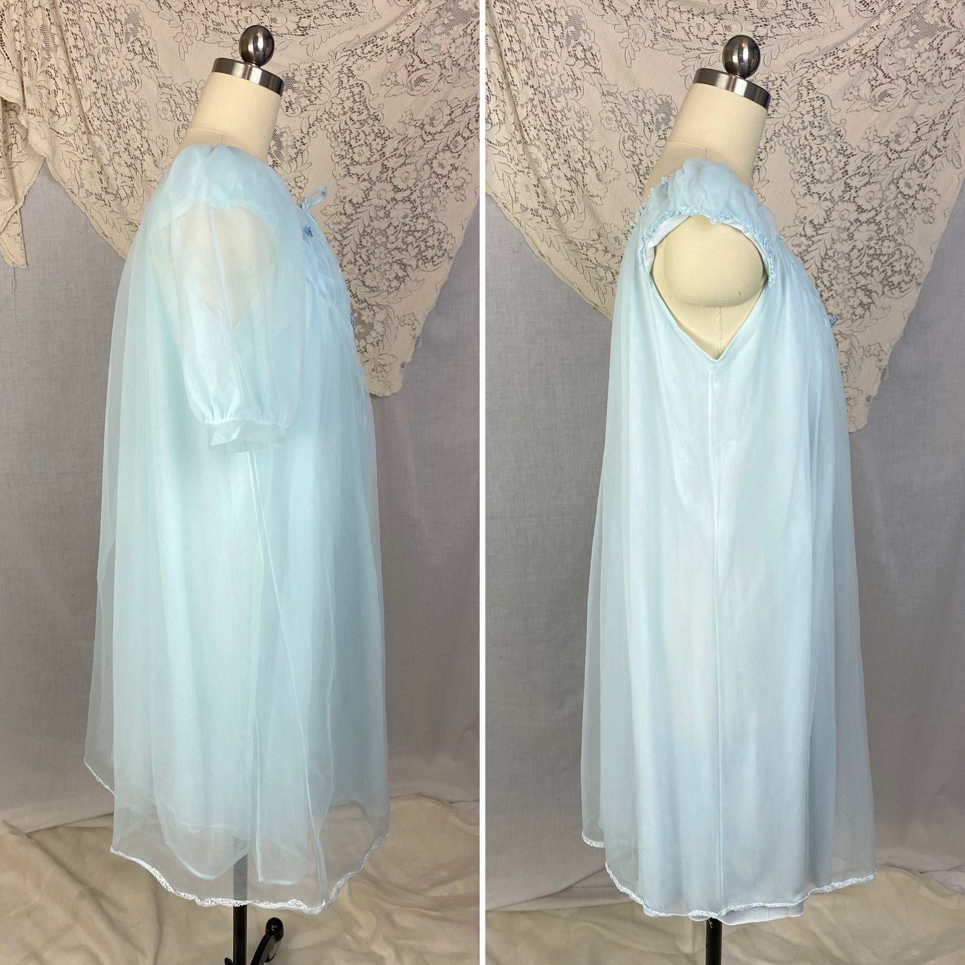 Vintage 1960's Peignoir Set | Baby Sky Blue Nylon Chiffon with Honeycomb Smocking & Rosettes | Size M/LG | Charmode - Daggers & Dames