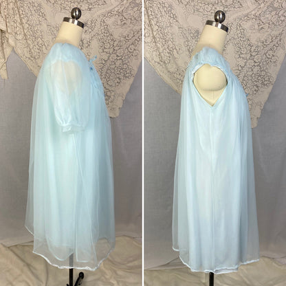 Vintage 1960's Peignoir Set | Baby Sky Blue Nylon Chiffon with Honeycomb Smocking & Rosettes | Size M/LG | Charmode - Daggers & Dames