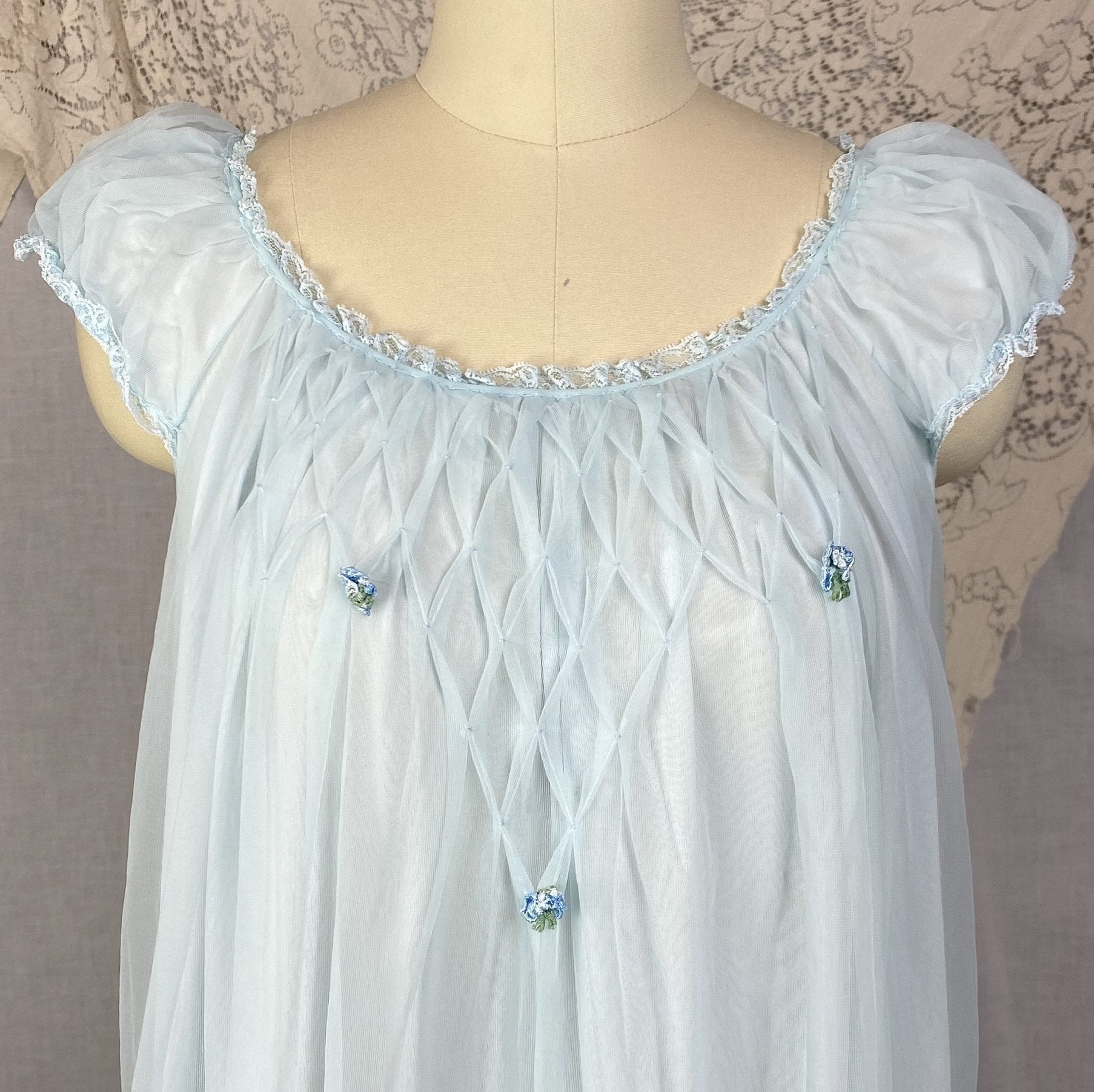 Vintage 1960's Peignoir Set | Baby Sky Blue Nylon Chiffon with Honeycomb Smocking & Rosettes | Size M/LG | Charmode - Daggers & Dames