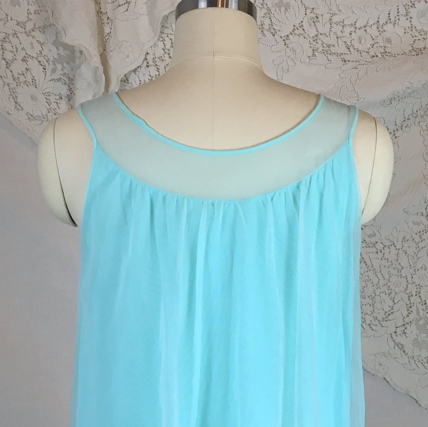 Vintage 1960's Peignoir Set | Bright Sky Blue Nylon Chiffon with Satin & Lace Appliqué | Sears | Size XS, SM - Daggers & Dames