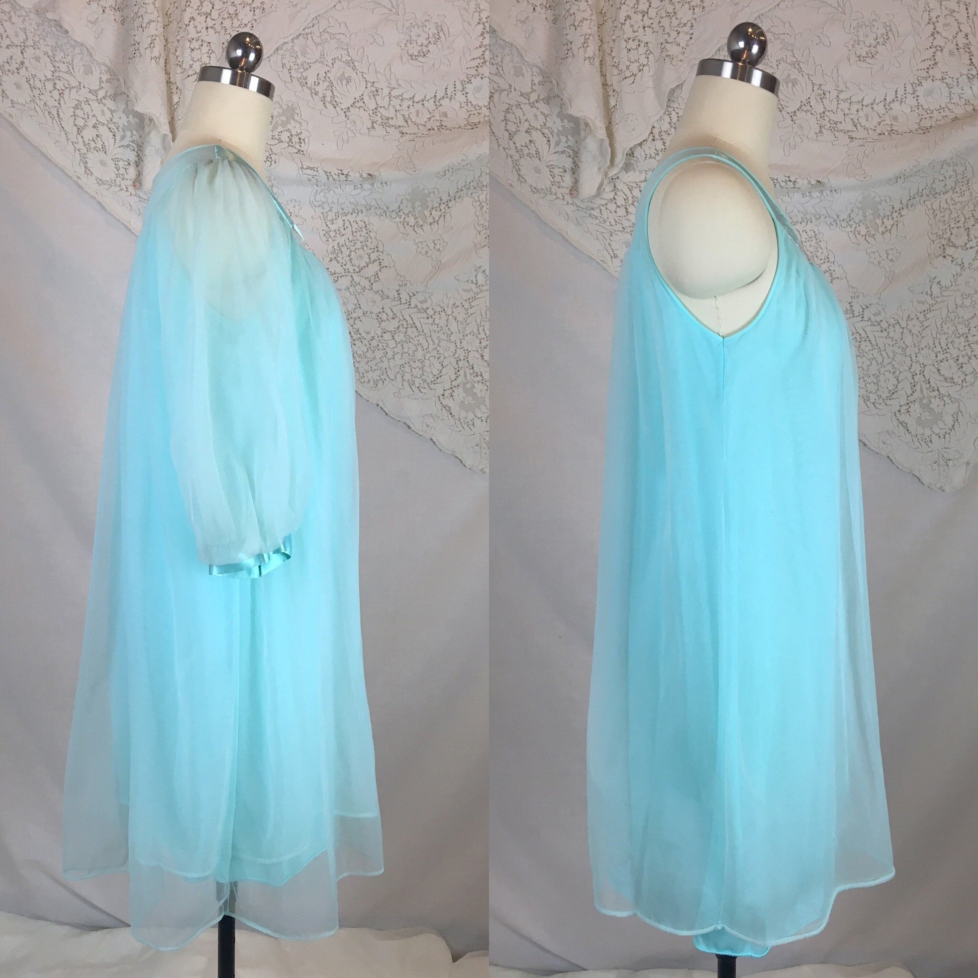 Vintage 1960's Peignoir Set | Bright Sky Blue Nylon Chiffon with Satin & Lace Appliqué | Sears | Size XS, SM - Daggers & Dames