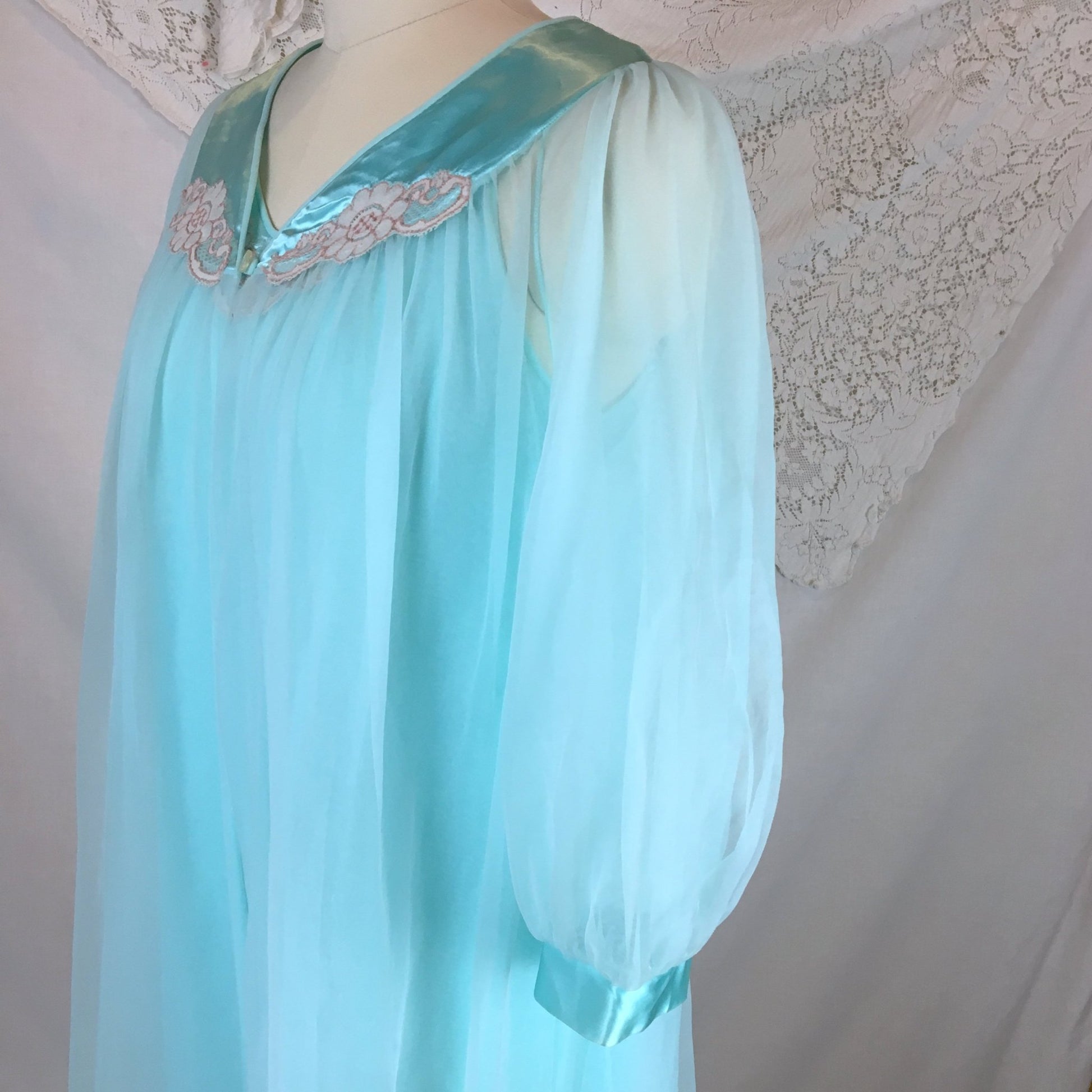 Vintage 1960's Peignoir Set | Bright Sky Blue Nylon Chiffon with Satin & Lace Appliqué | Sears | Size XS, SM - Daggers & Dames
