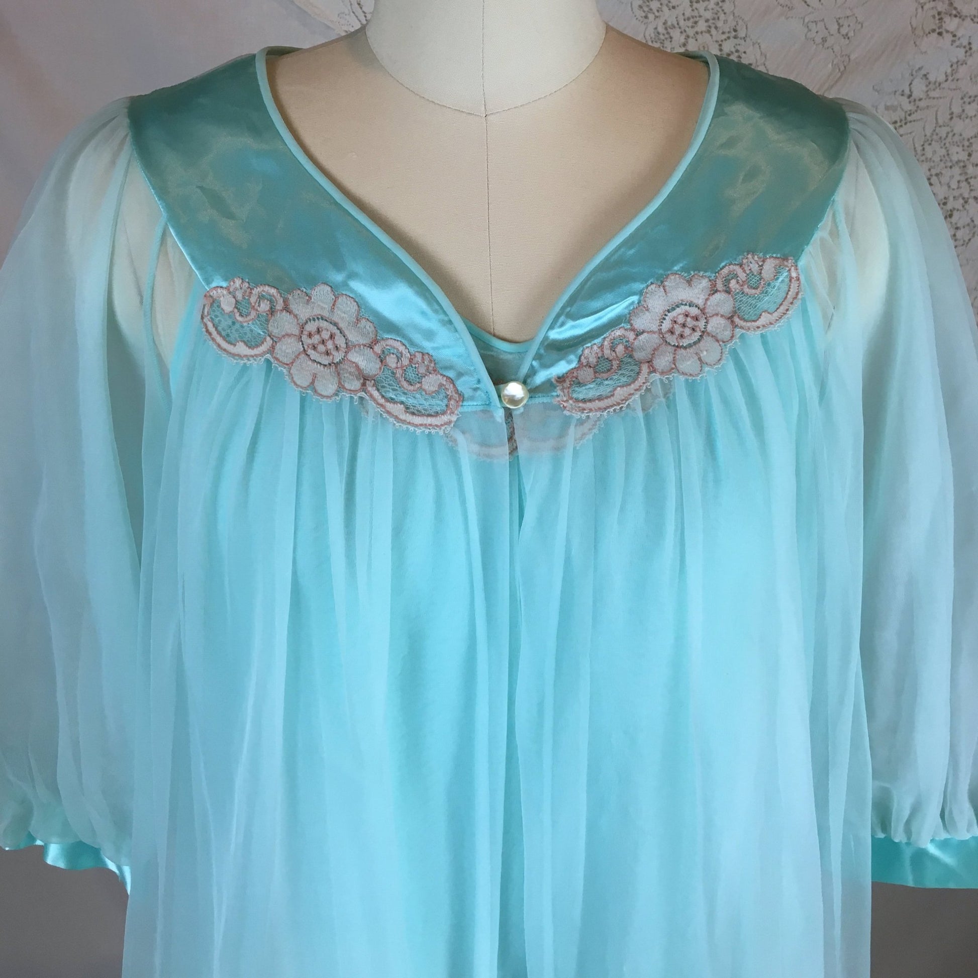 Vintage 1960's Peignoir Set | Bright Sky Blue Nylon Chiffon with Satin & Lace Appliqué | Sears | Size XS, SM - Daggers & Dames