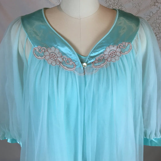 Vintage 1960's Peignoir Set | Bright Sky Blue Nylon Chiffon with Satin & Lace Appliqué | Sears | Size XS, SM - Daggers & Dames