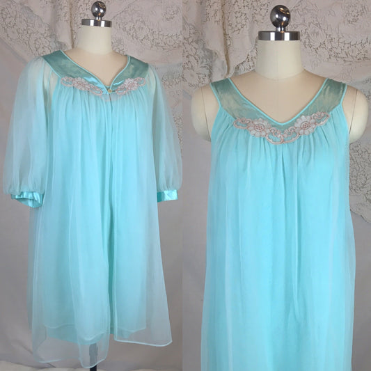 Vintage 1960's Peignoir Set | Bright Sky Blue Nylon Chiffon with Satin & Lace Appliqué | Sears | Size XS, SM - Daggers & Dames