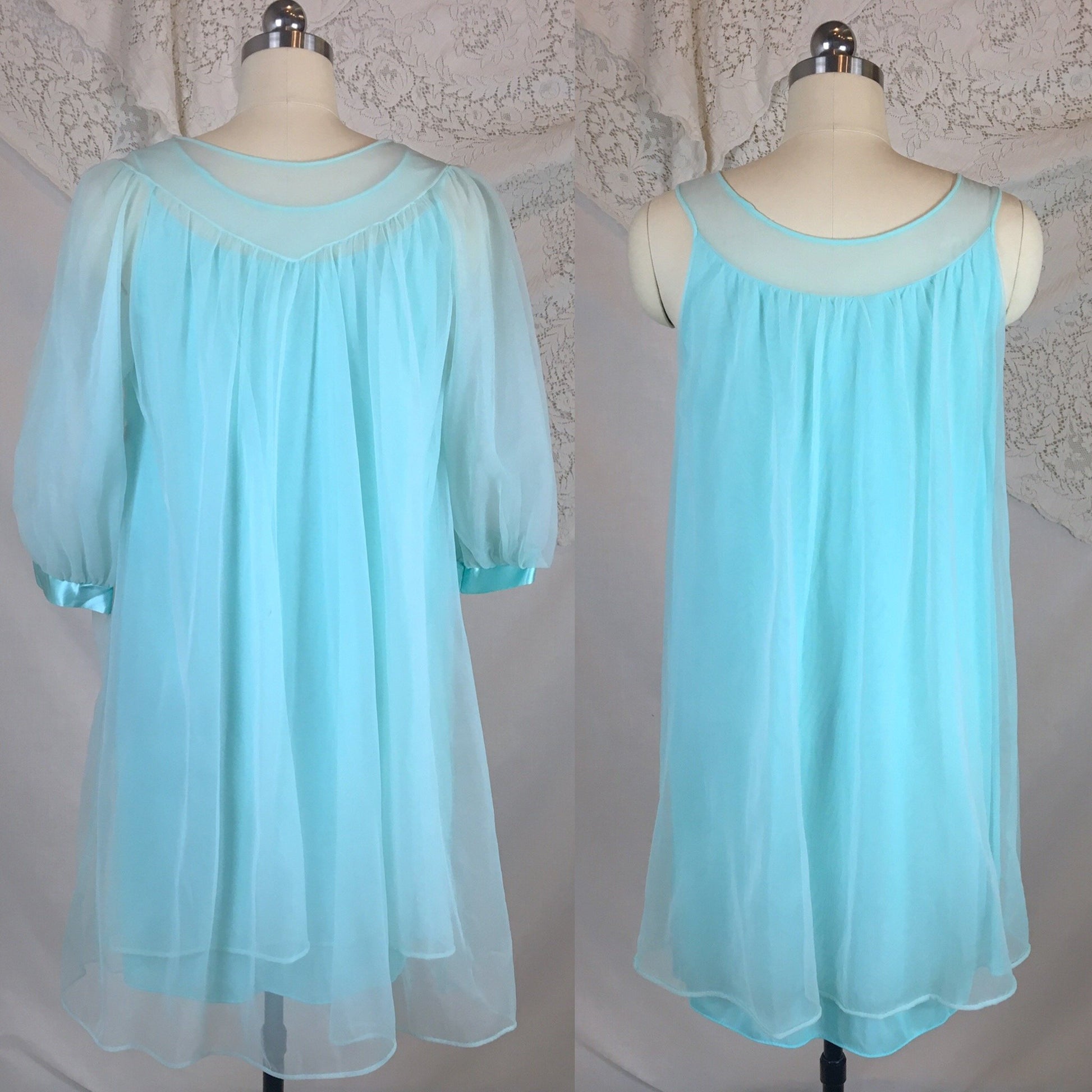 Vintage 1960's Peignoir Set | Bright Sky Blue Nylon Chiffon with Satin & Lace Appliqué | Sears | Size XS, SM - Daggers & Dames
