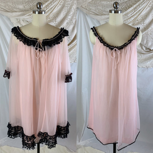 Vintage 1960's Peignoir Set | Bubblegum Pink Nylon Chiffon with Black Ruffled Lace | Size M, LG, XL - Daggers & Dames