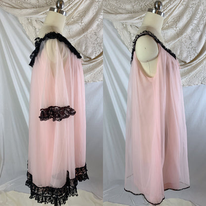Vintage 1960's Peignoir Set | Bubblegum Pink Nylon Chiffon with Black Ruffled Lace | Size M, LG, XL - Daggers & Dames