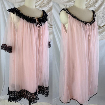 Vintage 1960's Peignoir Set | Bubblegum Pink Nylon Chiffon with Black Ruffled Lace | Size M, LG, XL - Daggers & Dames