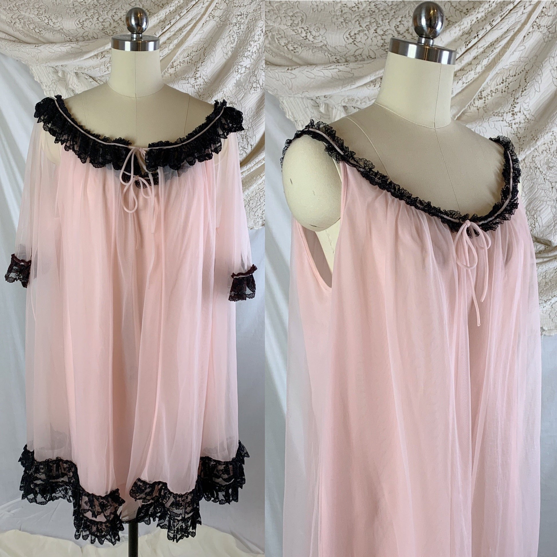 Vintage 1960's Peignoir Set | Bubblegum Pink Nylon Chiffon with Black Ruffled Lace | Size M, LG, XL - Daggers & Dames