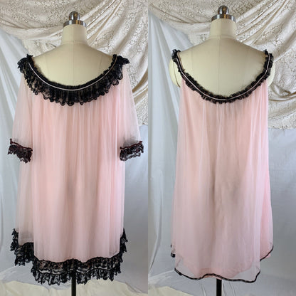 Vintage 1960's Peignoir Set | Bubblegum Pink Nylon Chiffon with Black Ruffled Lace | Size M, LG, XL - Daggers & Dames
