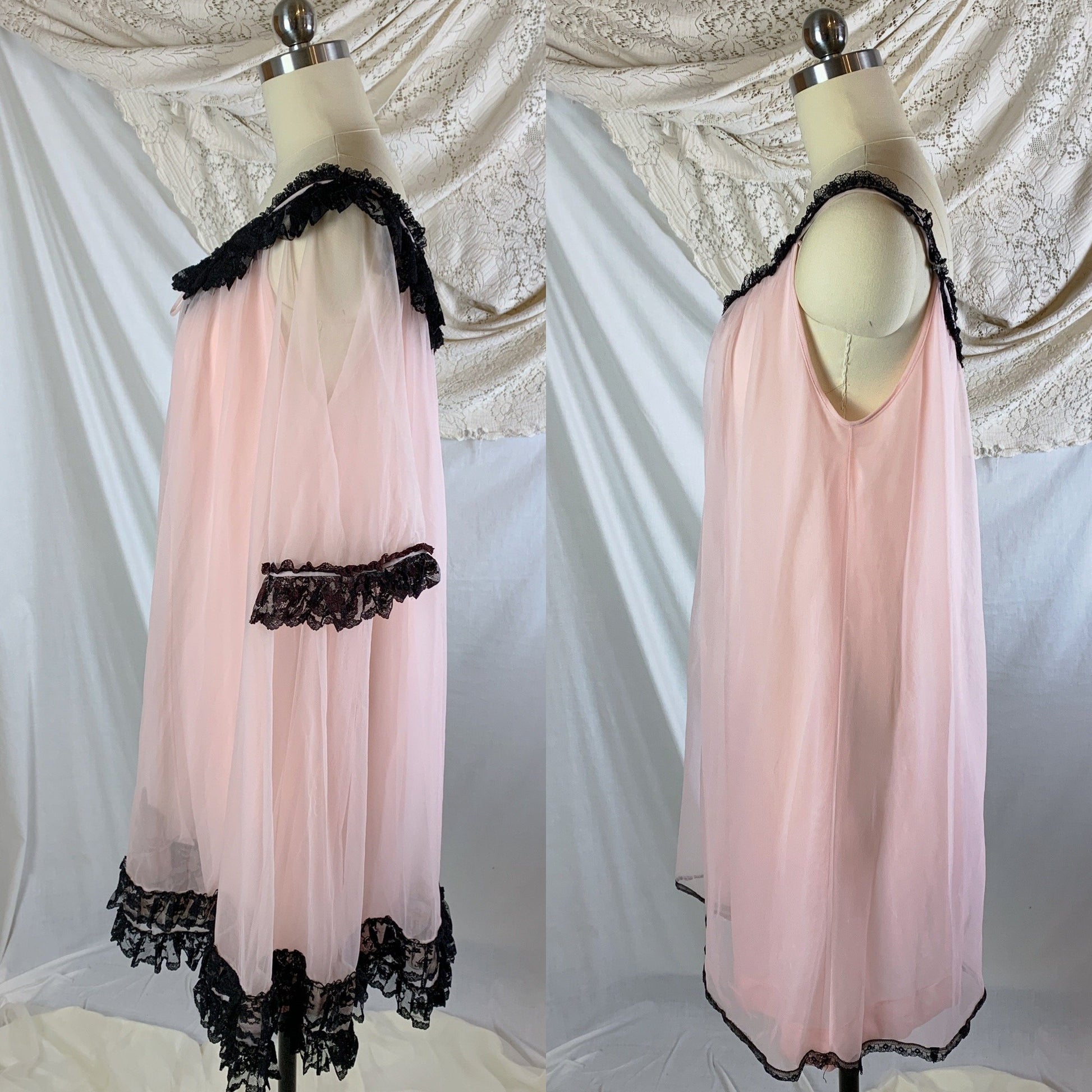Vintage 1960's Peignoir Set | Bubblegum Pink Nylon Chiffon with Black Ruffled Lace | Size M, LG, XL - Daggers & Dames