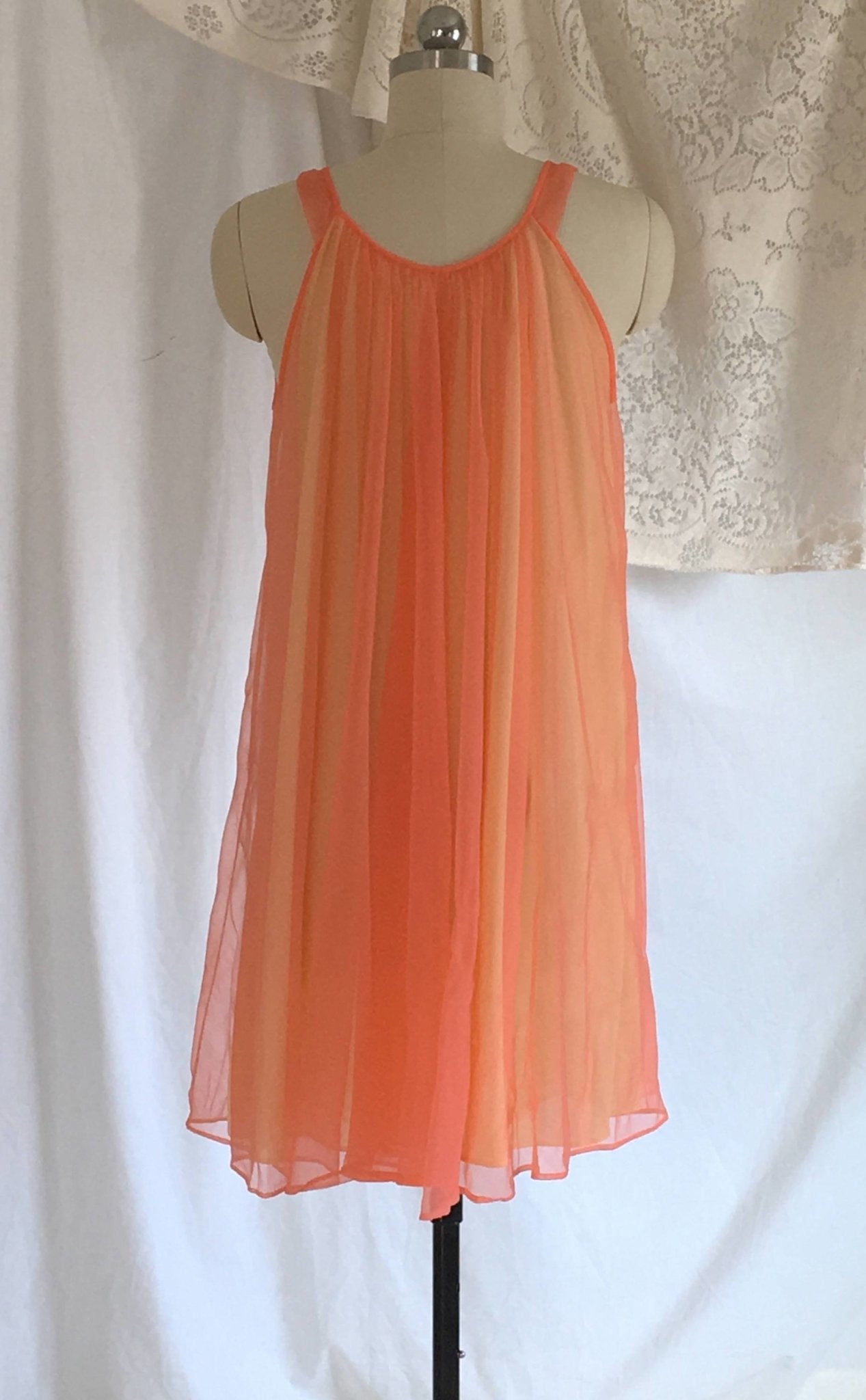 Vintage 1960's Peignoir Set | Orange Chiffon & Yellow Nylon with Tulle Ruffled Capelet | Babydoll Lingerie | OOAK | Lisette | Size S - Daggers & Dames