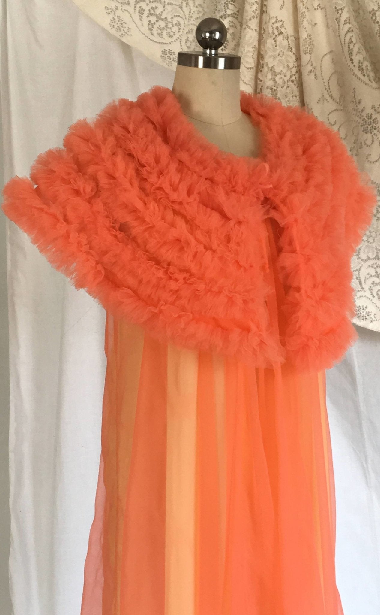 Vintage 1960's Peignoir Set | Orange Chiffon & Yellow Nylon with Tulle Ruffled Capelet | Babydoll Lingerie | OOAK | Lisette | Size S - Daggers & Dames