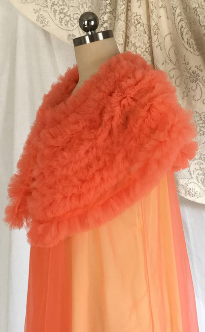 Vintage 1960's Peignoir Set | Orange Chiffon & Yellow Nylon with Tulle Ruffled Capelet | Babydoll Lingerie | OOAK | Lisette | Size S - Daggers & Dames