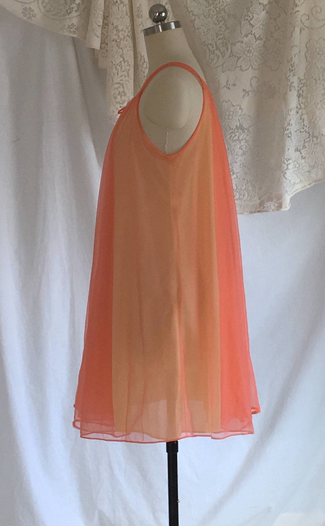 Vintage 1960's Peignoir Set | Orange Chiffon & Yellow Nylon with Tulle Ruffled Capelet | Babydoll Lingerie | OOAK | Lisette | Size S - Daggers & Dames