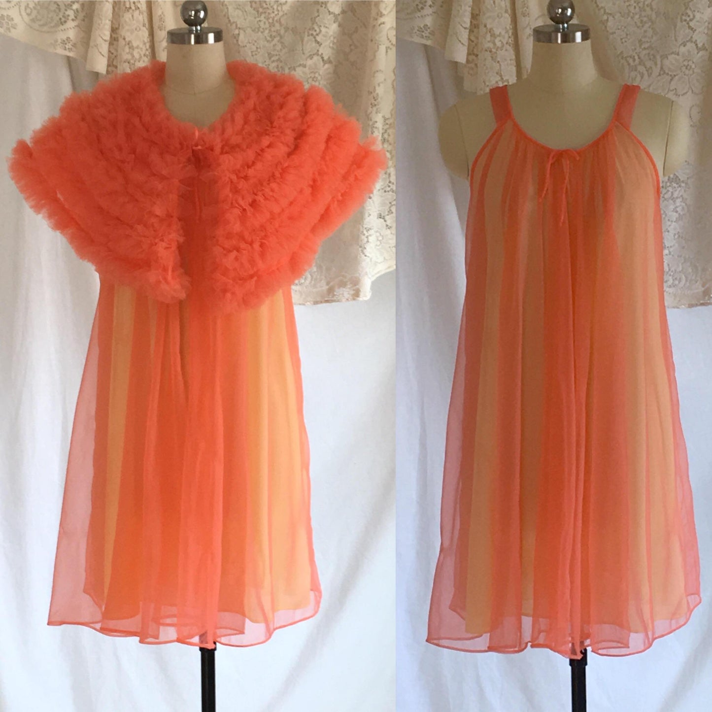 Vintage 1960's Peignoir Set | Orange Chiffon & Yellow Nylon with Tulle Ruffled Capelet | Babydoll Lingerie | OOAK | Lisette | Size S - Daggers & Dames