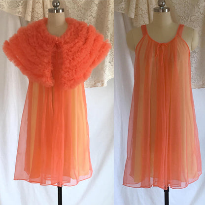 Vintage 1960's Peignoir Set | Orange Chiffon & Yellow Nylon with Tulle Ruffled Capelet | Babydoll Lingerie | OOAK | Lisette | Size S - Daggers & Dames