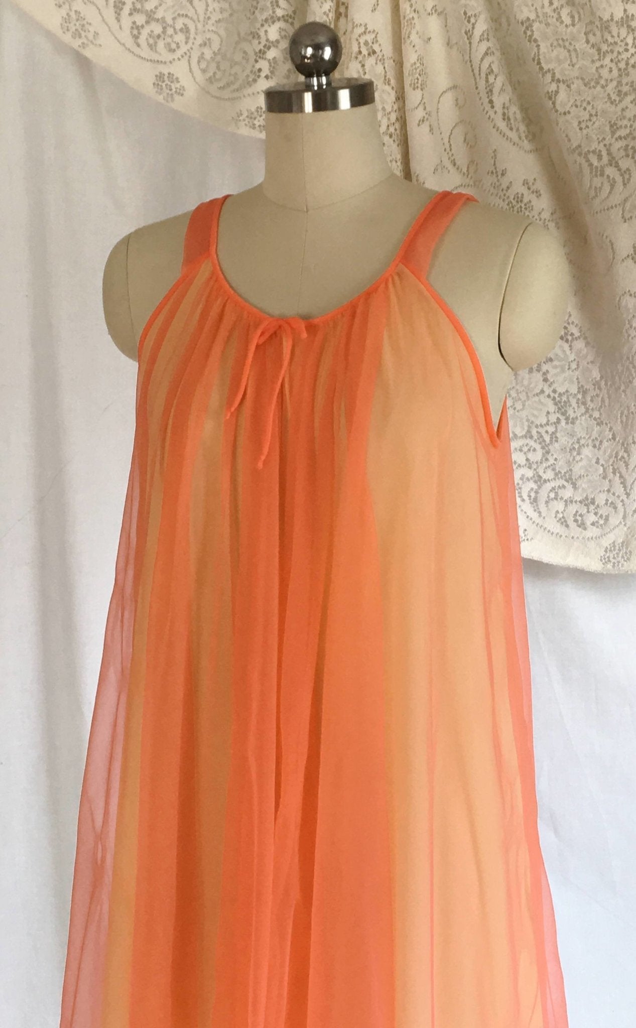Vintage 1960's Peignoir Set | Orange Chiffon & Yellow Nylon with Tulle Ruffled Capelet | Babydoll Lingerie | OOAK | Lisette | Size S - Daggers & Dames