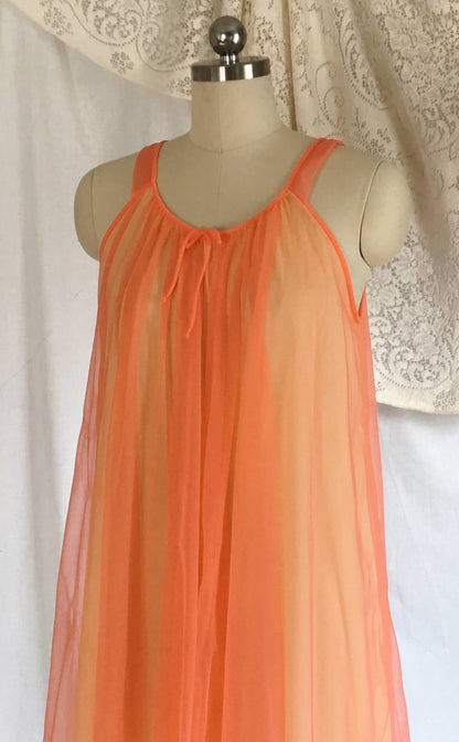 Vintage 1960's Peignoir Set | Orange Chiffon & Yellow Nylon with Tulle Ruffled Capelet | Babydoll Lingerie | OOAK | Lisette | Size S - Daggers & Dames