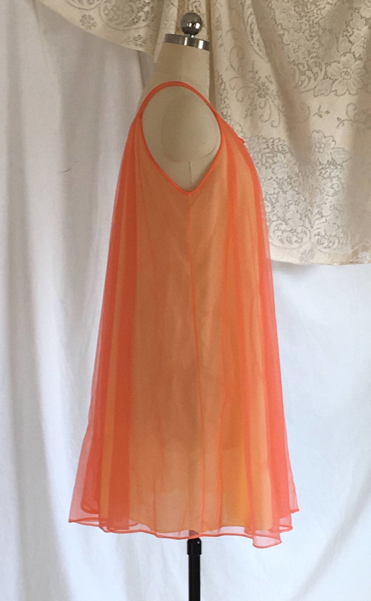 Vintage 1960's Peignoir Set | Orange Chiffon & Yellow Nylon with Tulle Ruffled Capelet | Babydoll Lingerie | OOAK | Lisette | Size S - Daggers & Dames