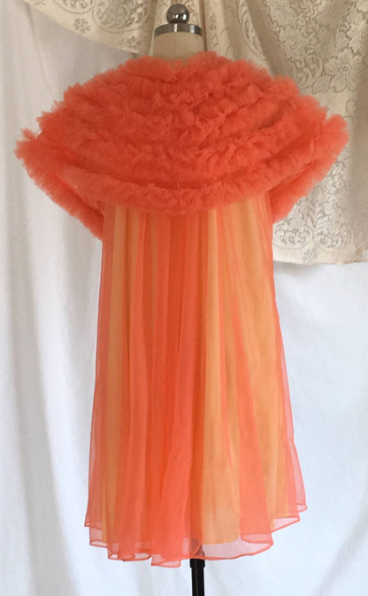 Vintage 1960's Peignoir Set | Orange Chiffon & Yellow Nylon with Tulle Ruffled Capelet | Babydoll Lingerie | OOAK | Lisette | Size S - Daggers & Dames