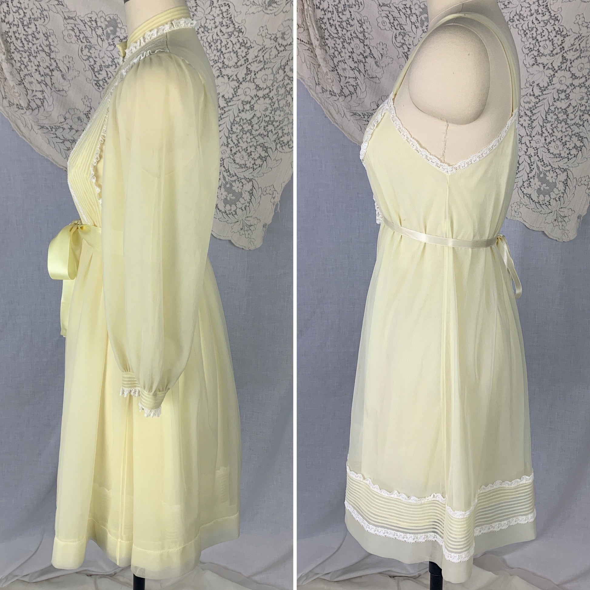 Vintage 1960's Peignoir Set | Pale Pastel Yellow Nylon Chiffon with White Ruffled Lace | Size S, Petite | Kayser - Daggers & Dames