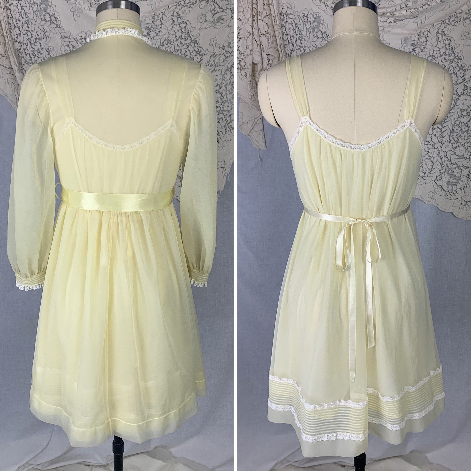 Vintage 1960's Peignoir Set | Pale Pastel Yellow Nylon Chiffon with White Ruffled Lace | Size S, Petite | Kayser - Daggers & Dames