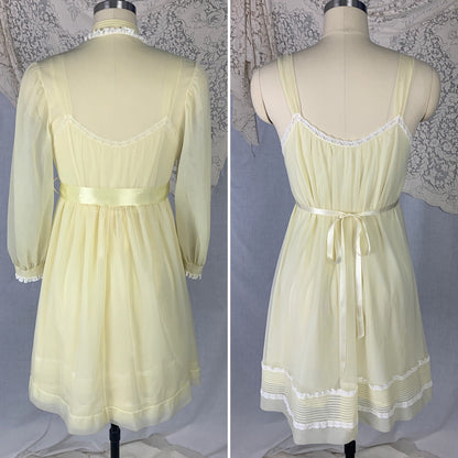 Vintage 1960's Peignoir Set | Pale Pastel Yellow Nylon Chiffon with White Ruffled Lace | Size S, Petite | Kayser - Daggers & Dames