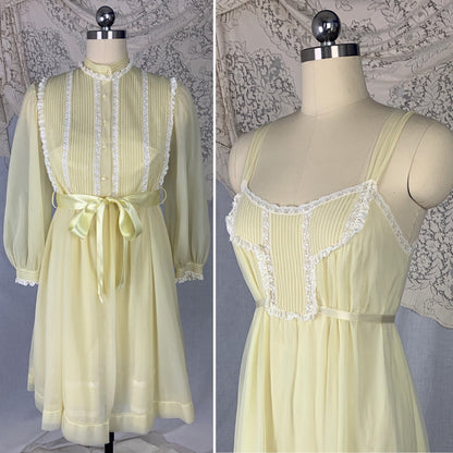 Vintage 1960's Peignoir Set | Pale Pastel Yellow Nylon Chiffon with White Ruffled Lace | Size S, Petite | Kayser - Daggers & Dames