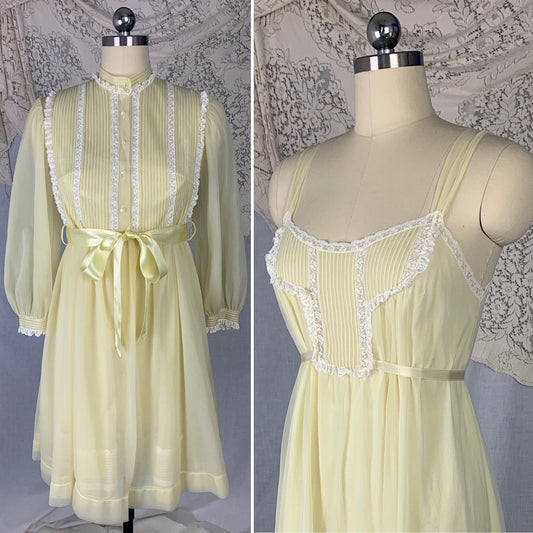 Vintage 1960's Peignoir Set | Pale Pastel Yellow Nylon Chiffon with White Ruffled Lace | Size S, Petite | Kayser - Daggers & Dames