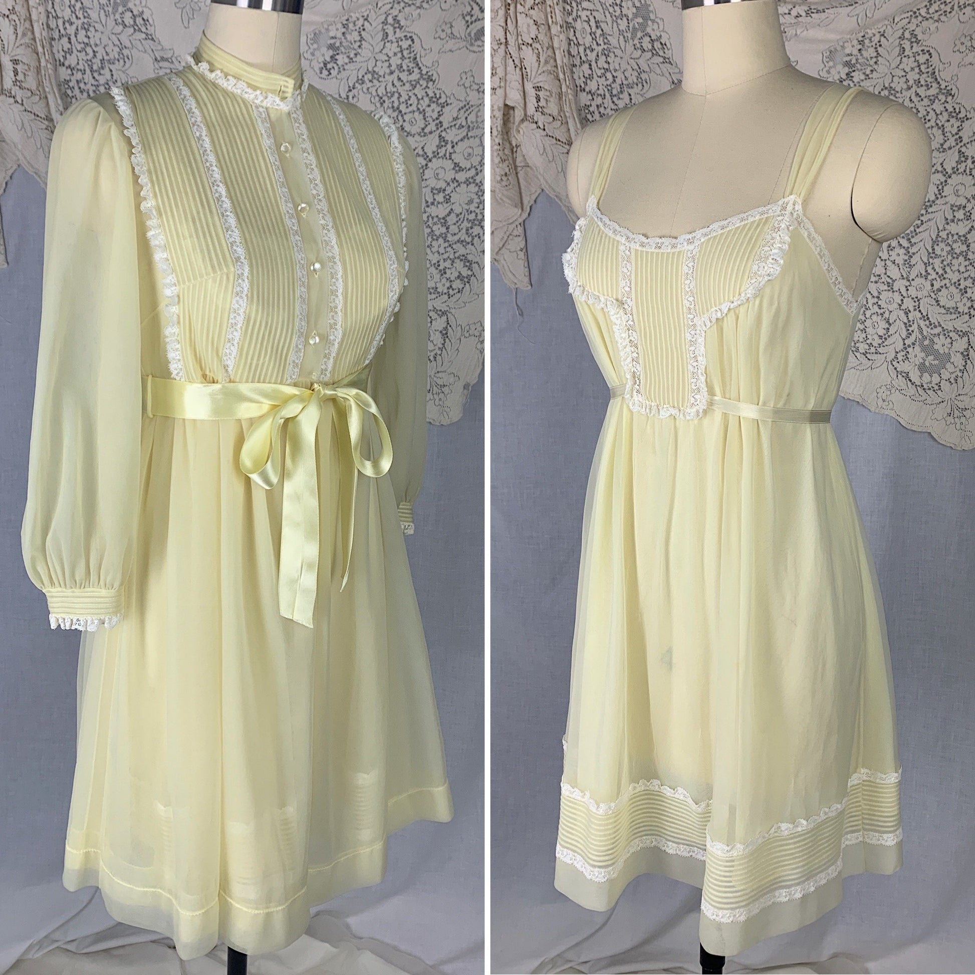 Vintage 1960's Peignoir Set | Pale Pastel Yellow Nylon Chiffon with White Ruffled Lace | Size S, Petite | Kayser - Daggers & Dames