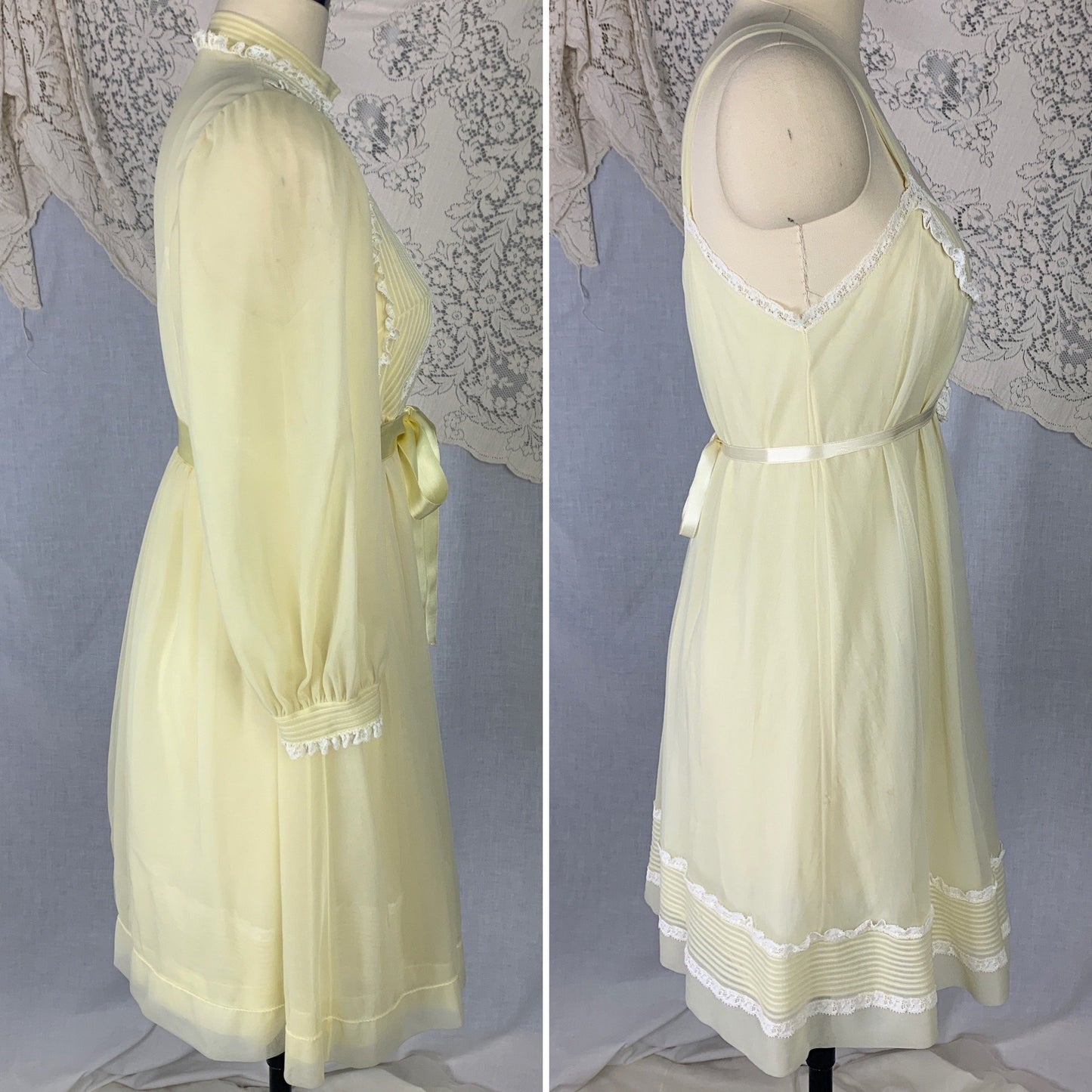 Vintage 1960's Peignoir Set | Pale Pastel Yellow Nylon Chiffon with White Ruffled Lace | Size S, Petite | Kayser - Daggers & Dames