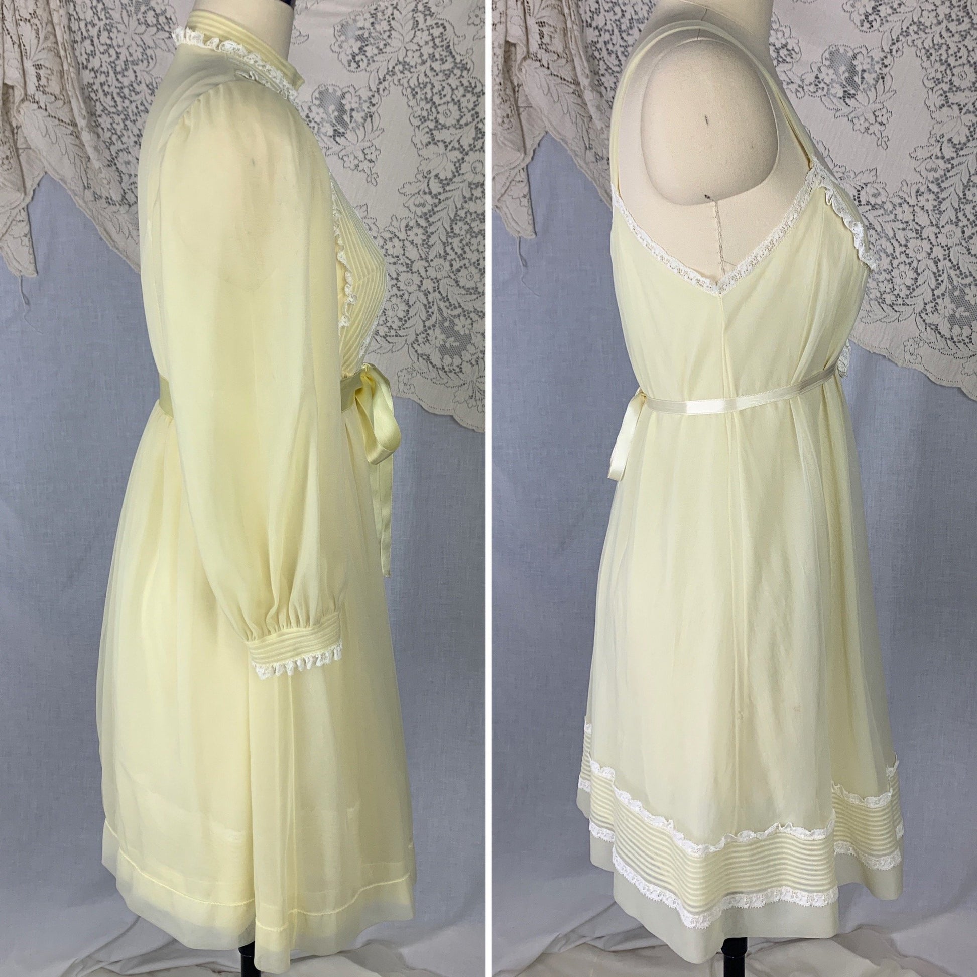 Vintage 1960's Peignoir Set | Pale Pastel Yellow Nylon Chiffon with White Ruffled Lace | Size S, Petite | Kayser - Daggers & Dames