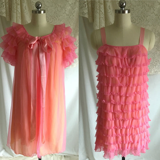 Vintage 1960's Peignoir Set | Pink Ruffled Chiffon over Yellow Nylon | Chevette | Size S, M - Daggers & Dames