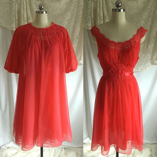 Vintage 1960's Peignoir Set | Red Nylon Chiffon with Lace & Satin Ribbon | Vanity Fair | Size M, LG - Daggers & Dames