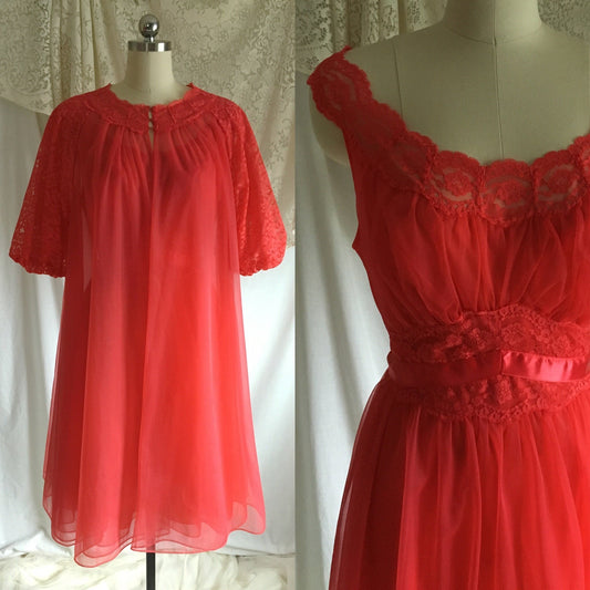 Vintage 1960's Peignoir Set | Red Nylon Chiffon with Lace & Satin Ribbon | Vanity Fair | Size M, LG - Daggers & Dames