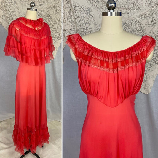 Vintage 1960's Peignoir Set | Scarlet Red Nylon with Tulle Ruffles | Size M, LG | Evette - Daggers & Dames